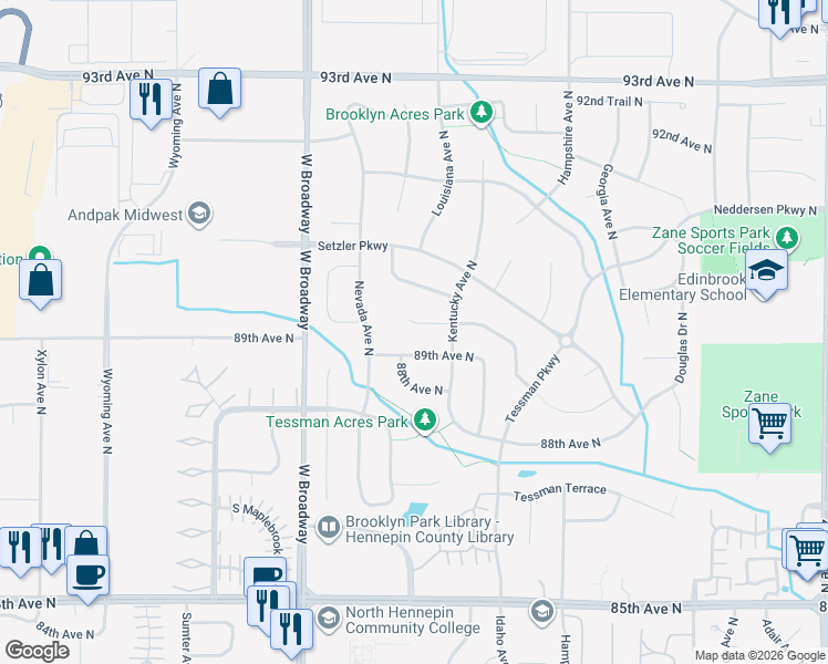 map of restaurants, bars, coffee shops, grocery stores, and more near 7109 90th Trail North in Minneapolis