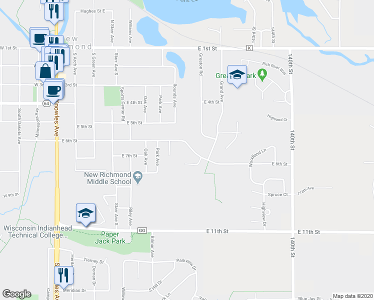 map of restaurants, bars, coffee shops, grocery stores, and more near 865 East 6th Street in New Richmond