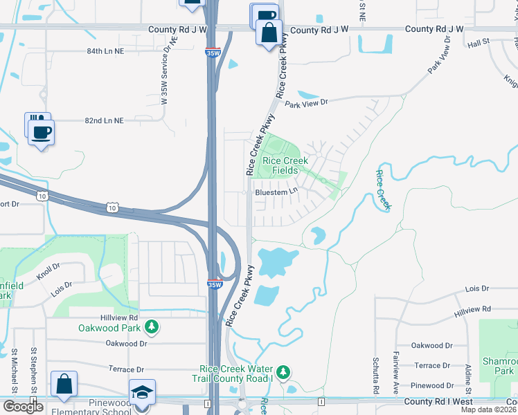 map of restaurants, bars, coffee shops, grocery stores, and more near 1974 Bluestem Lane in Shoreview