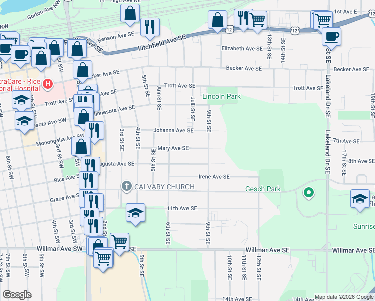 map of restaurants, bars, coffee shops, grocery stores, and more near 725 Mary Avenue Southeast in Willmar