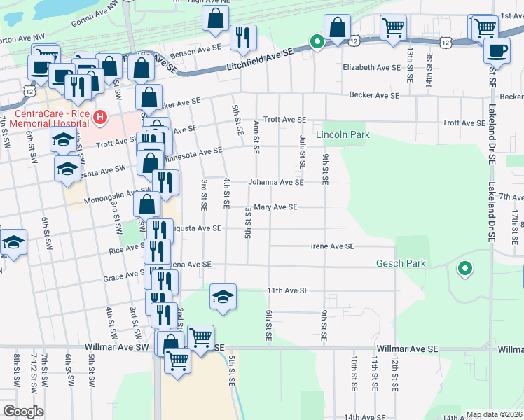 map of restaurants, bars, coffee shops, grocery stores, and more near 721 5th Street Southeast in Willmar