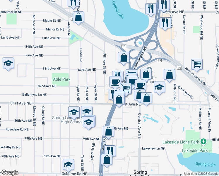 map of restaurants, bars, coffee shops, grocery stores, and more near 8198 Middletown Road in Spring Lake Park