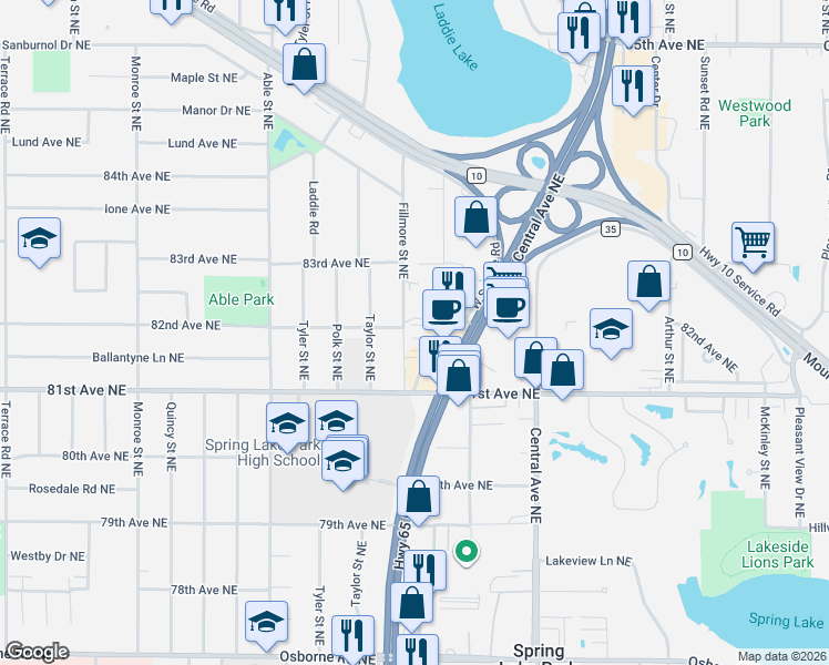 map of restaurants, bars, coffee shops, grocery stores, and more near 8198 Middletown Road in Spring Lake Park