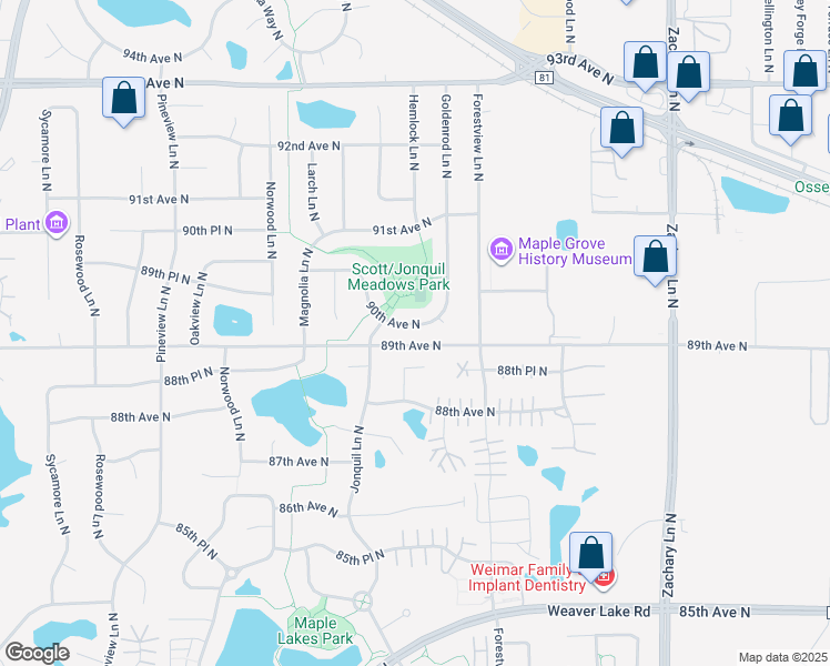 map of restaurants, bars, coffee shops, grocery stores, and more near 11905 90th Avenue North in Maple Grove