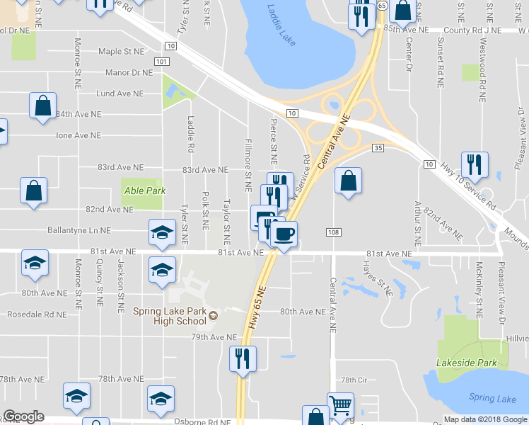 map of restaurants, bars, coffee shops, grocery stores, and more near 8188 Middletown Road in Spring Lake Park