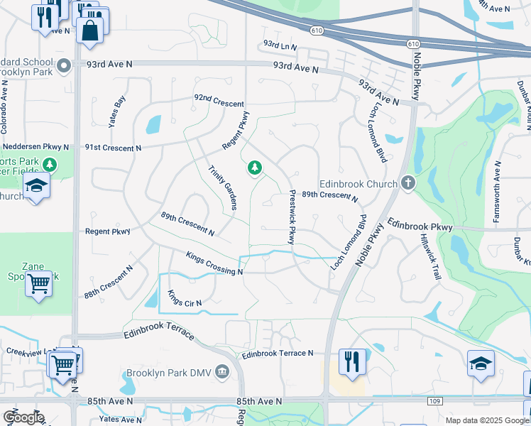 map of restaurants, bars, coffee shops, grocery stores, and more near 5009 89th Crescent in Minneapolis