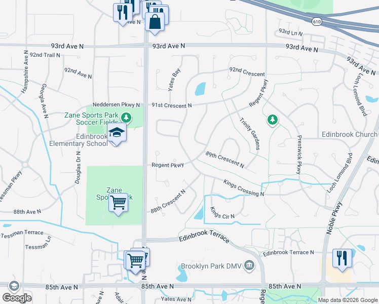 map of restaurants, bars, coffee shops, grocery stores, and more near 8906 Woodhall Crossing in Minneapolis