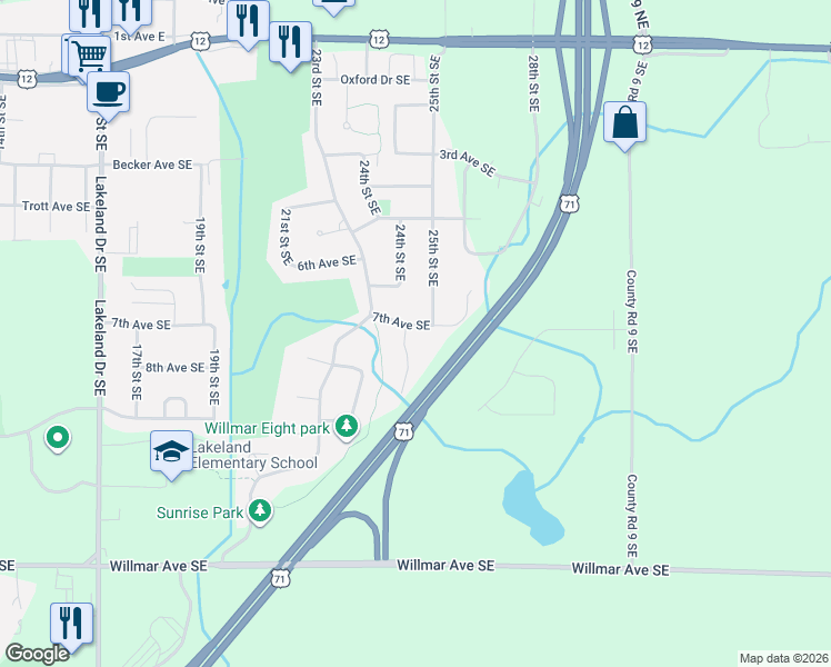 map of restaurants, bars, coffee shops, grocery stores, and more near 2401 7th Avenue Southeast in Willmar