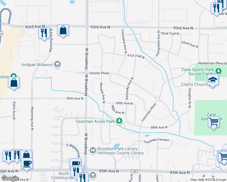 map of restaurants, bars, coffee shops, grocery stores, and more near 7200 90th Avenue North in Minneapolis