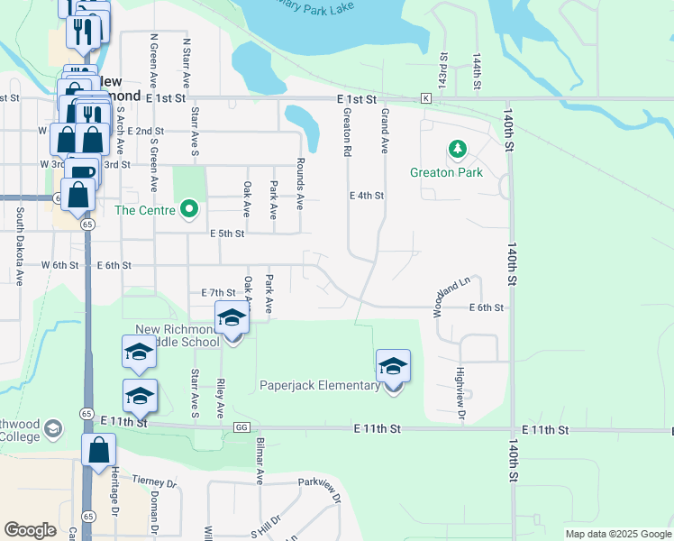 map of restaurants, bars, coffee shops, grocery stores, and more near 865 East 6th Street in New Richmond