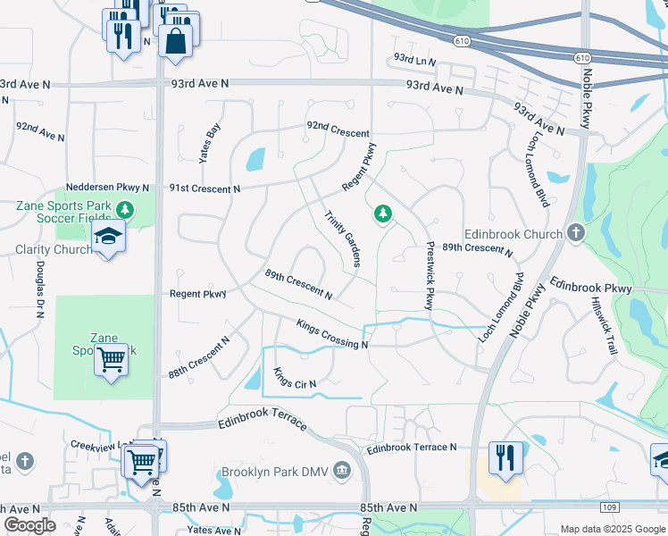 map of restaurants, bars, coffee shops, grocery stores, and more near 5334 89th Crescent Circle in Minneapolis