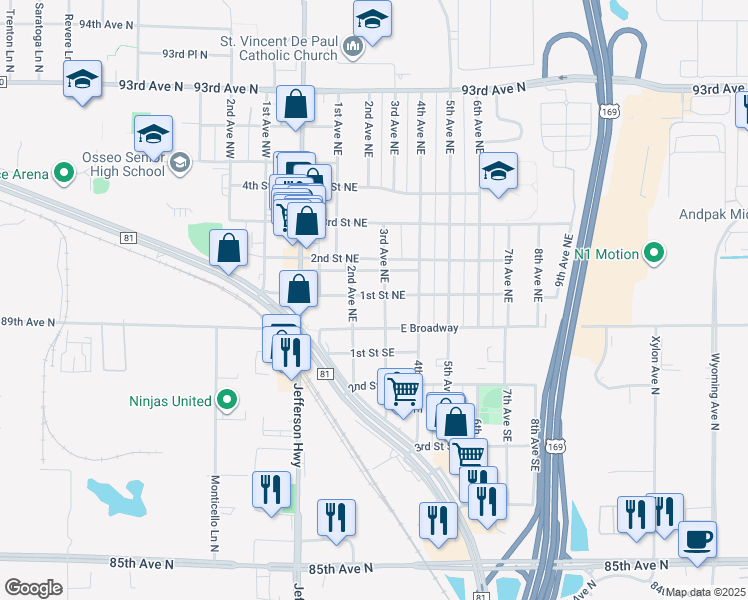 map of restaurants, bars, coffee shops, grocery stores, and more near 224 1st Street Northeast in Osseo
