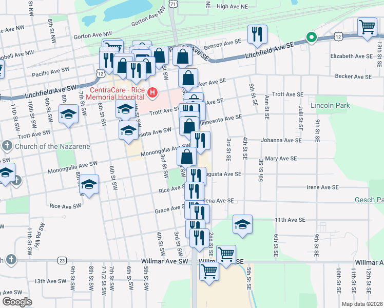 map of restaurants, bars, coffee shops, grocery stores, and more near 706 1st Street South in Willmar