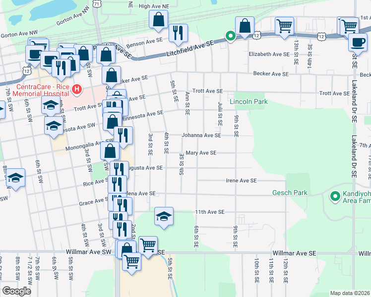 map of restaurants, bars, coffee shops, grocery stores, and more near 721 5th Street Southeast in Willmar