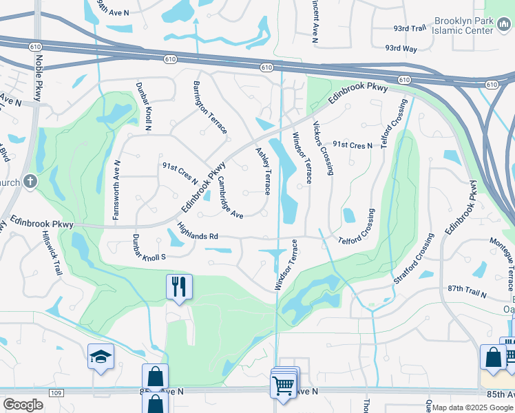 map of restaurants, bars, coffee shops, grocery stores, and more near 8904 Cambridge Avenue in Minneapolis