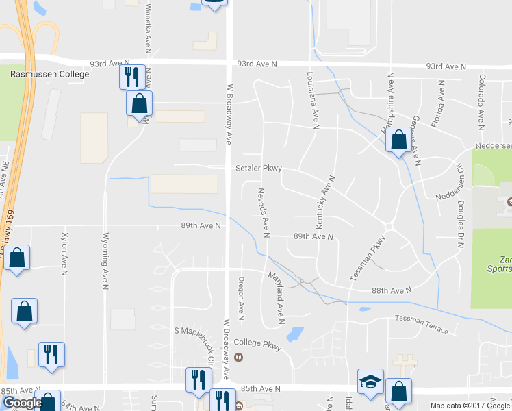 map of restaurants, bars, coffee shops, grocery stores, and more near 9007 Nevada Avenue North in Minneapolis