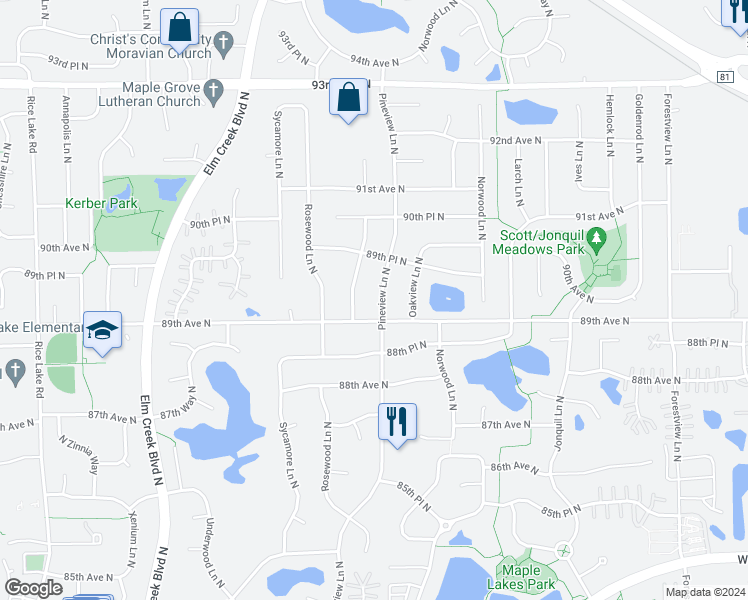 map of restaurants, bars, coffee shops, grocery stores, and more near 8915 Pineview Lane North in Maple Grove