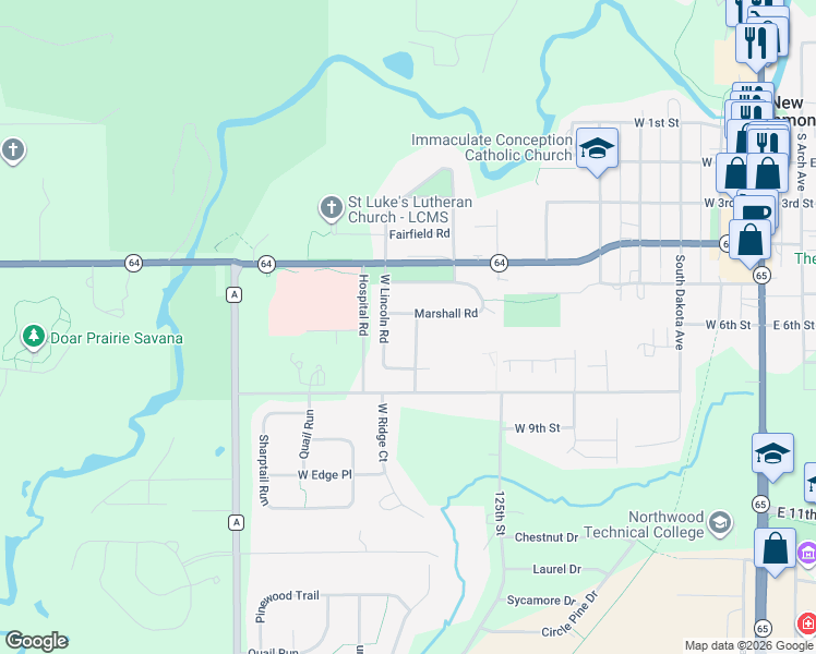 map of restaurants, bars, coffee shops, grocery stores, and more near 605 East Lincoln Road in New Richmond