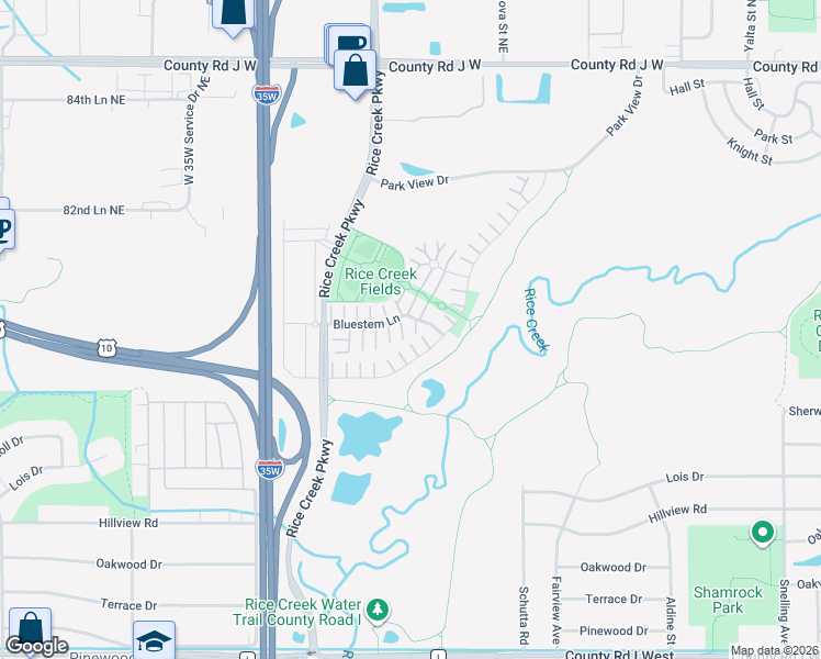 map of restaurants, bars, coffee shops, grocery stores, and more near 1886 Bluestem Lane in Shoreview