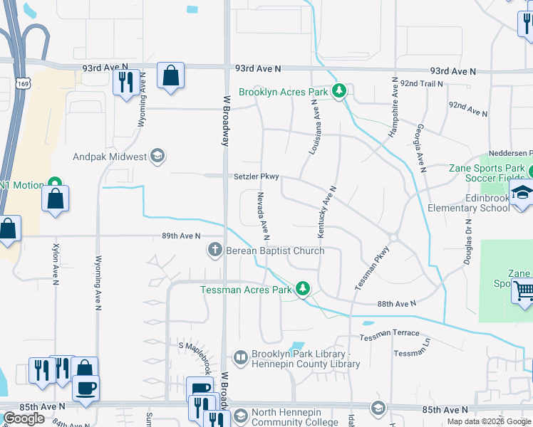 map of restaurants, bars, coffee shops, grocery stores, and more near 9007 Nevada Avenue North in Minneapolis
