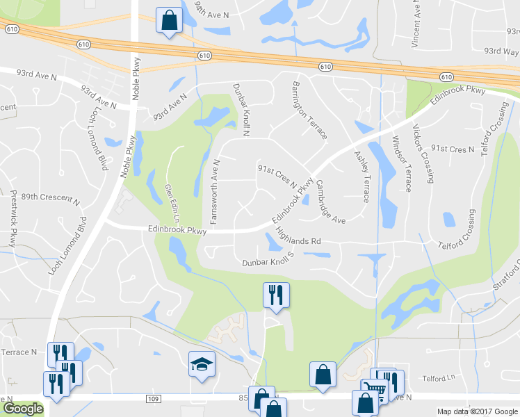 map of restaurants, bars, coffee shops, grocery stores, and more near 8942 Dunbar Knoll North in Minneapolis