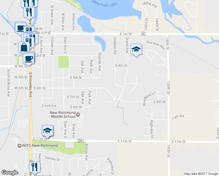 map of restaurants, bars, coffee shops, grocery stores, and more near 865 East 6th Street in New Richmond