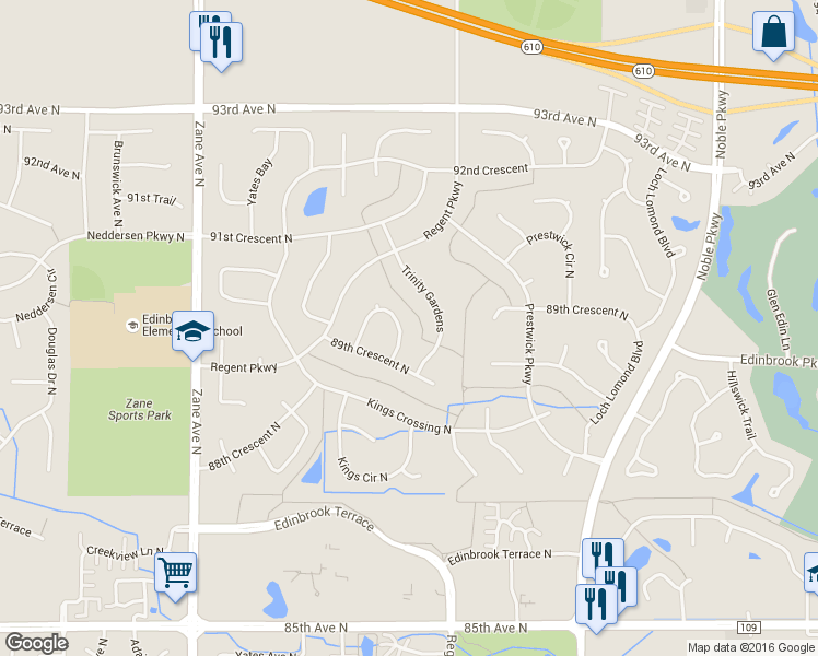 map of restaurants, bars, coffee shops, grocery stores, and more near 5334 89th Crescent Circle in Minneapolis