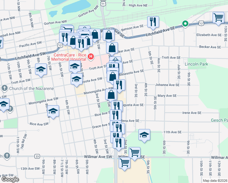 map of restaurants, bars, coffee shops, grocery stores, and more near 706 1st Street South in Willmar