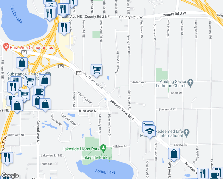 map of restaurants, bars, coffee shops, grocery stores, and more near 8228 Pleasant View Drive in Mounds View