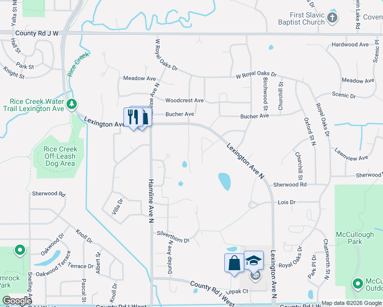map of restaurants, bars, coffee shops, grocery stores, and more near 5828 Buffalo Lane in Shoreview