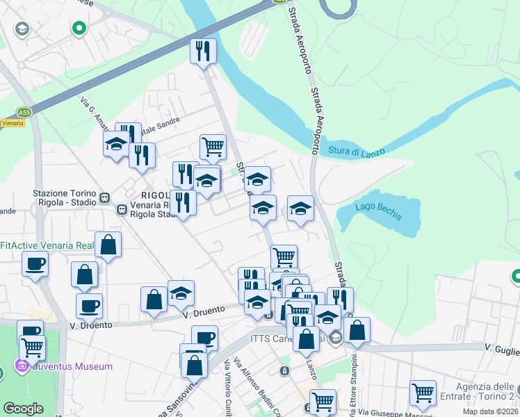 map of restaurants, bars, coffee shops, grocery stores, and more near 157 Strada di Lanzo in Turin