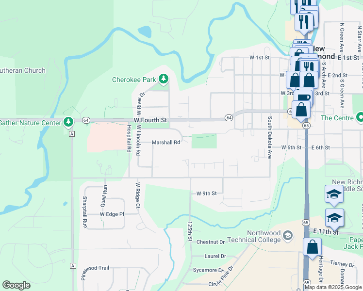 map of restaurants, bars, coffee shops, grocery stores, and more near 726 Marshall Road in New Richmond