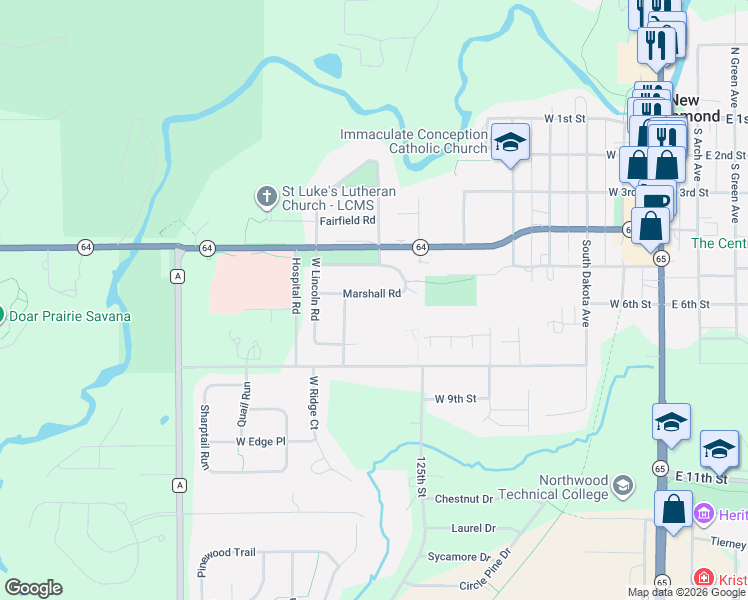map of restaurants, bars, coffee shops, grocery stores, and more near 836 Marshall Road in New Richmond
