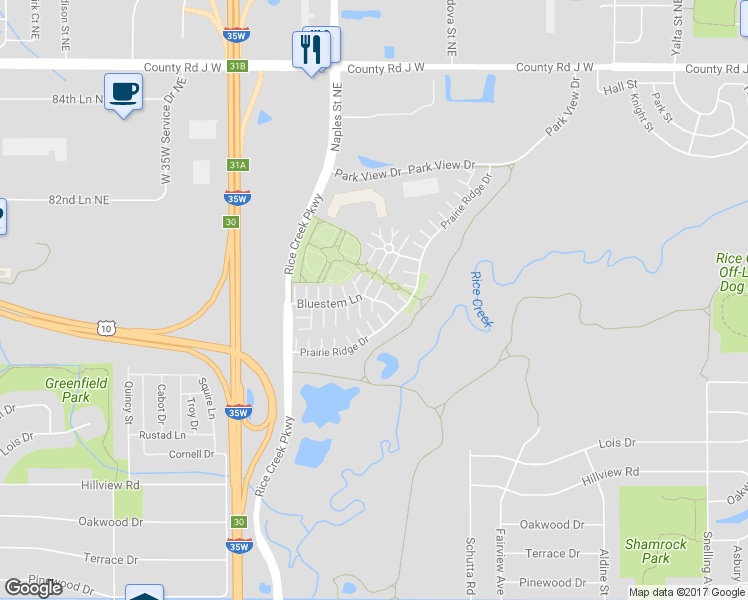 map of restaurants, bars, coffee shops, grocery stores, and more near 1939 Bluestem Lane in Shoreview