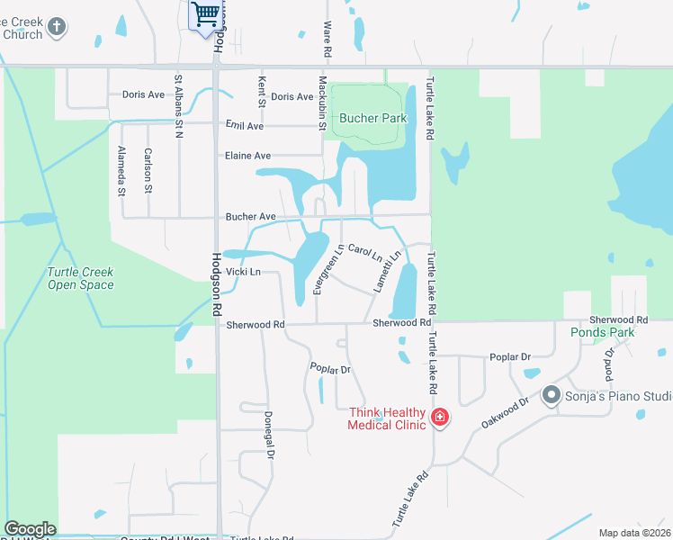 map of restaurants, bars, coffee shops, grocery stores, and more near 5820 Evergreen Lane in Shoreview