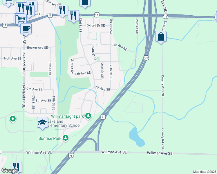 map of restaurants, bars, coffee shops, grocery stores, and more near 2401 7th Avenue Southeast in Willmar