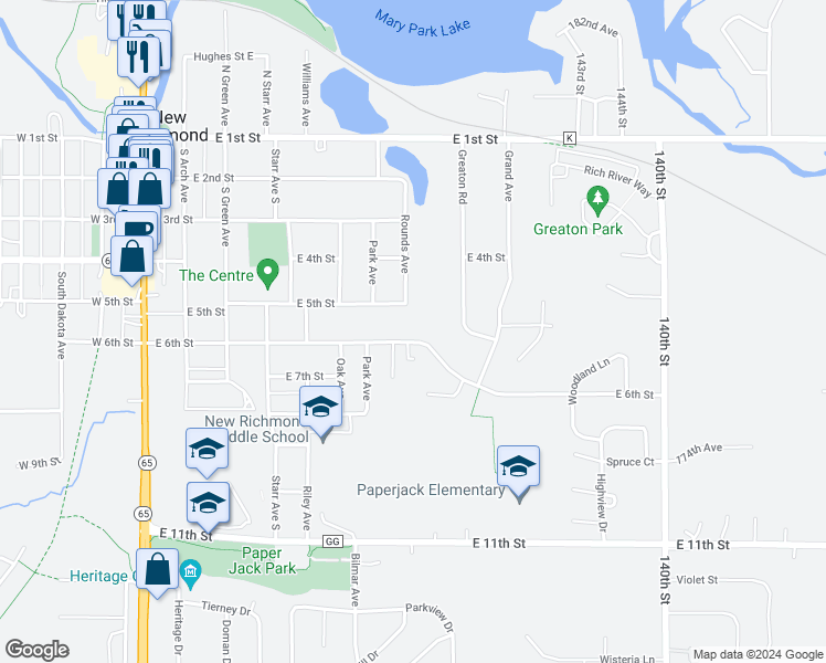 map of restaurants, bars, coffee shops, grocery stores, and more near 816 East 6th Street in New Richmond