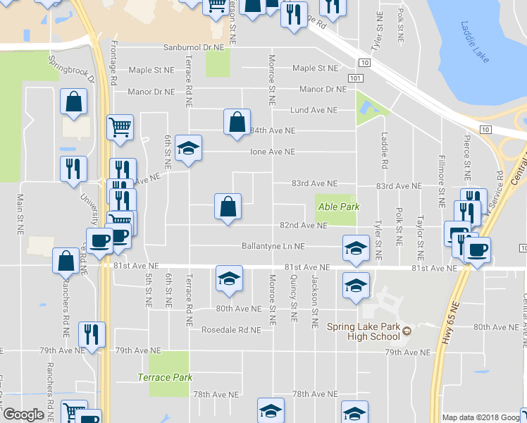 map of restaurants, bars, coffee shops, grocery stores, and more near 8220 Monroe Street Northeast in Minneapolis
