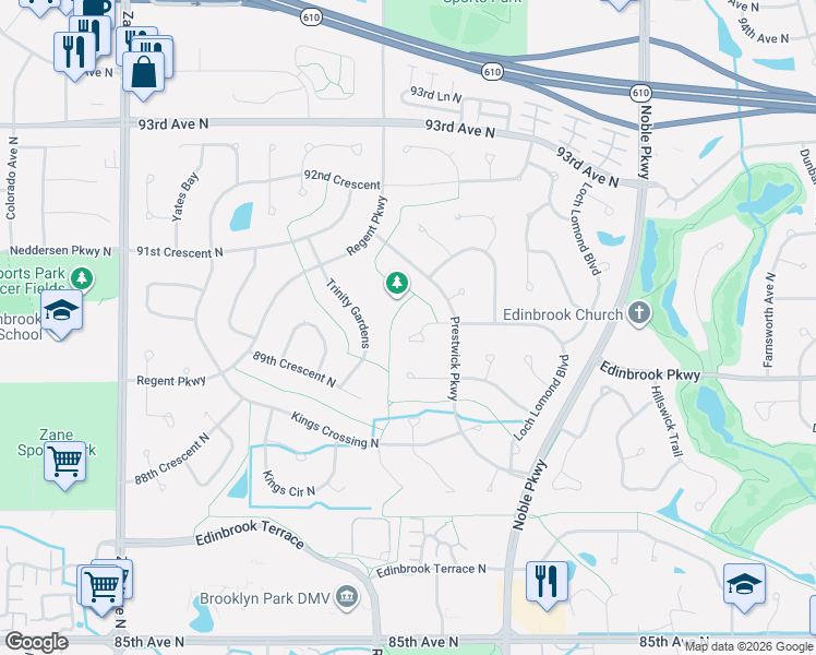 map of restaurants, bars, coffee shops, grocery stores, and more near 5009 89th Crescent in Minneapolis