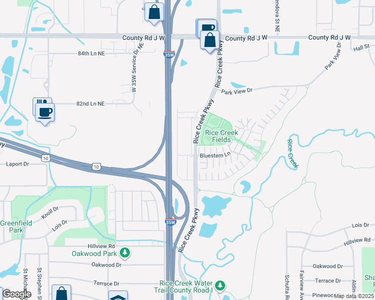 map of restaurants, bars, coffee shops, grocery stores, and more near 1985 Bluestem Lane in Shoreview