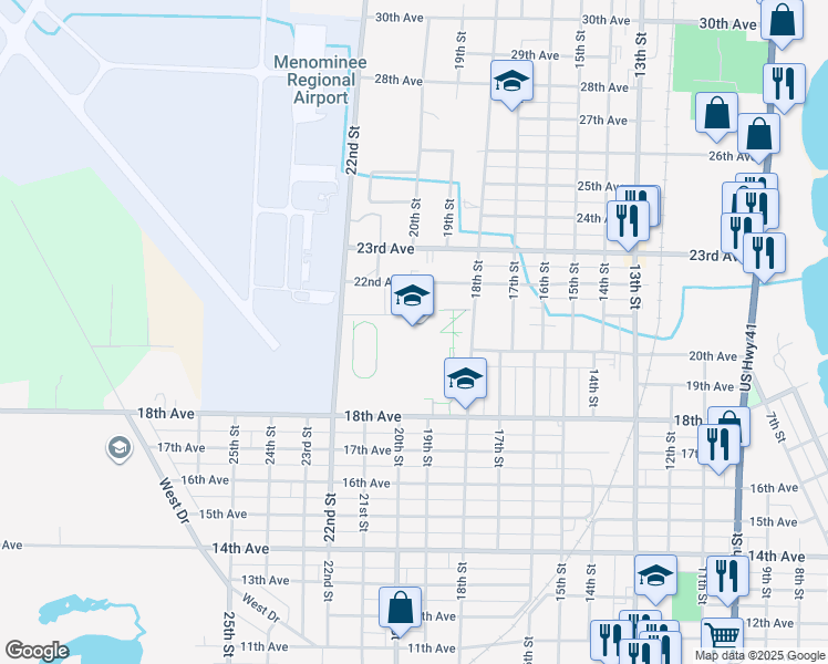 map of restaurants, bars, coffee shops, grocery stores, and more near 2101 18th Street in Menominee