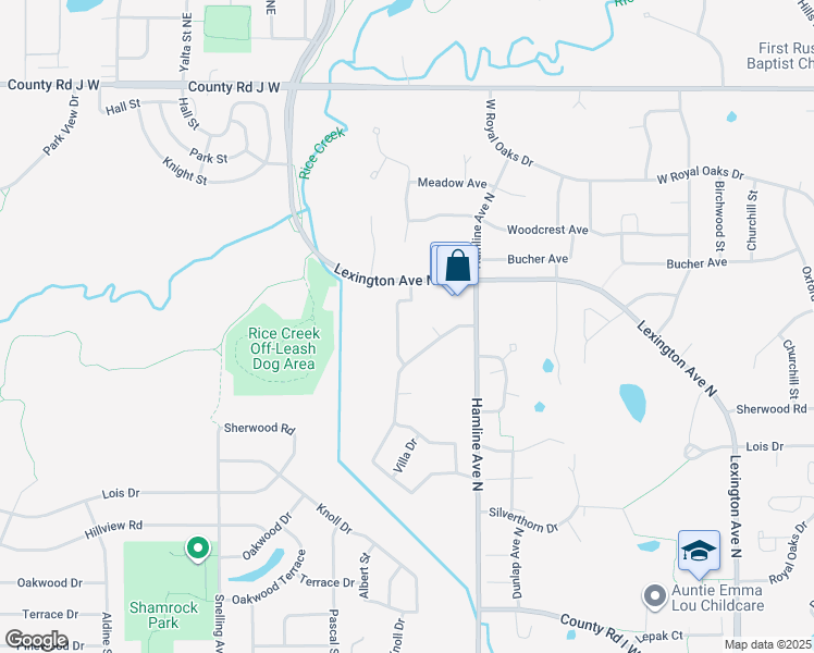 map of restaurants, bars, coffee shops, grocery stores, and more near 1395 Rice Creek Trail in Shoreview