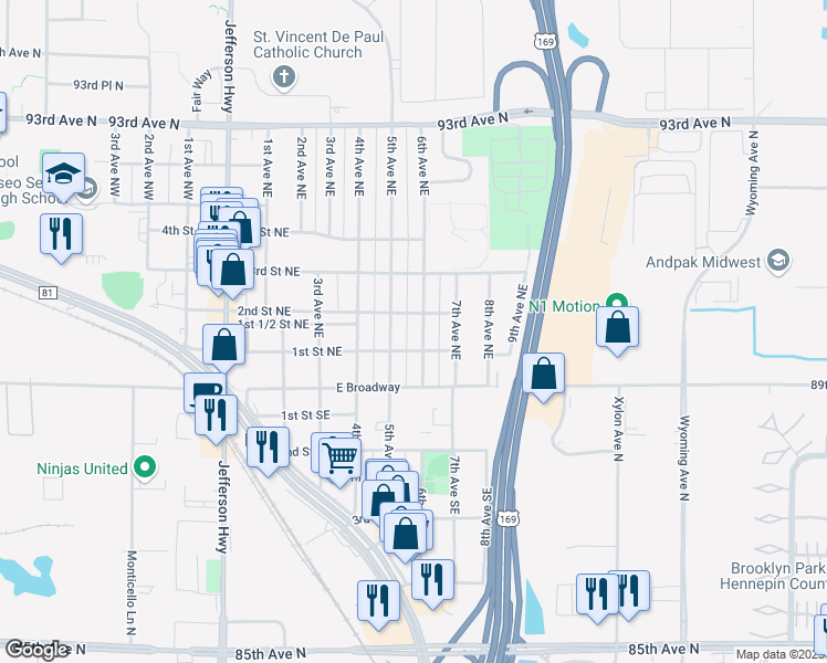 map of restaurants, bars, coffee shops, grocery stores, and more near 32 6th Avenue Northeast in Osseo