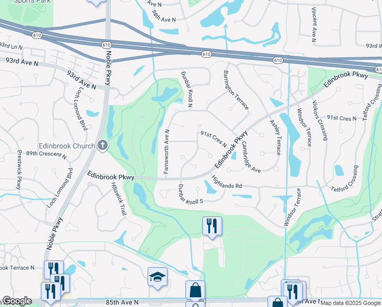 map of restaurants, bars, coffee shops, grocery stores, and more near 8942 Dunbar Knoll North in Minneapolis