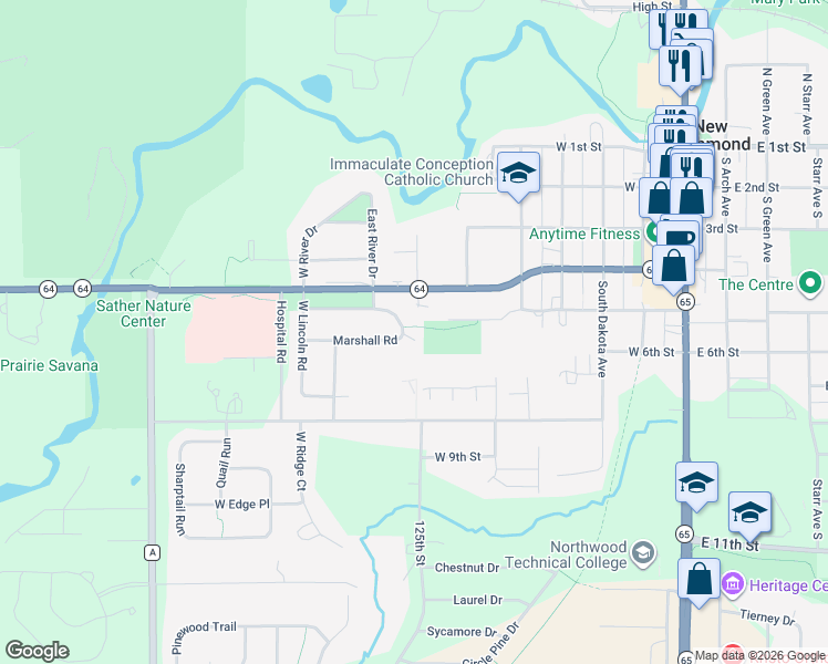 map of restaurants, bars, coffee shops, grocery stores, and more near 533 Marshall Road in New Richmond