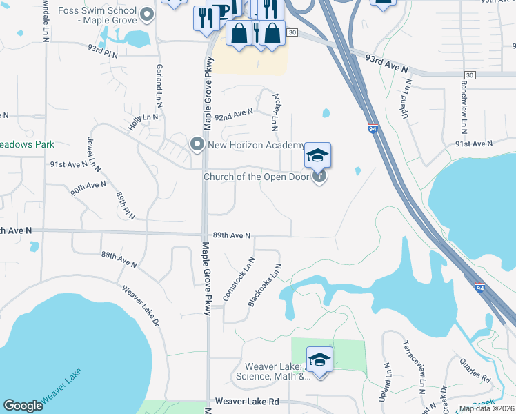 map of restaurants, bars, coffee shops, grocery stores, and more near 16460 89th Avenue North in Osseo