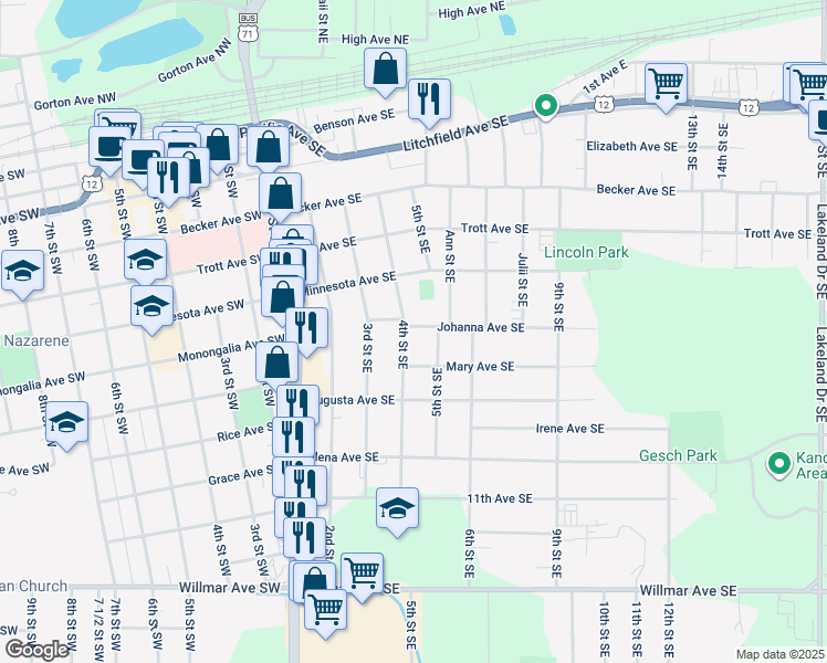 map of restaurants, bars, coffee shops, grocery stores, and more near 719 4th Street Southeast in Willmar