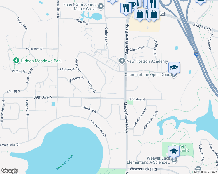 map of restaurants, bars, coffee shops, grocery stores, and more near 16973 90th Court North in Osseo