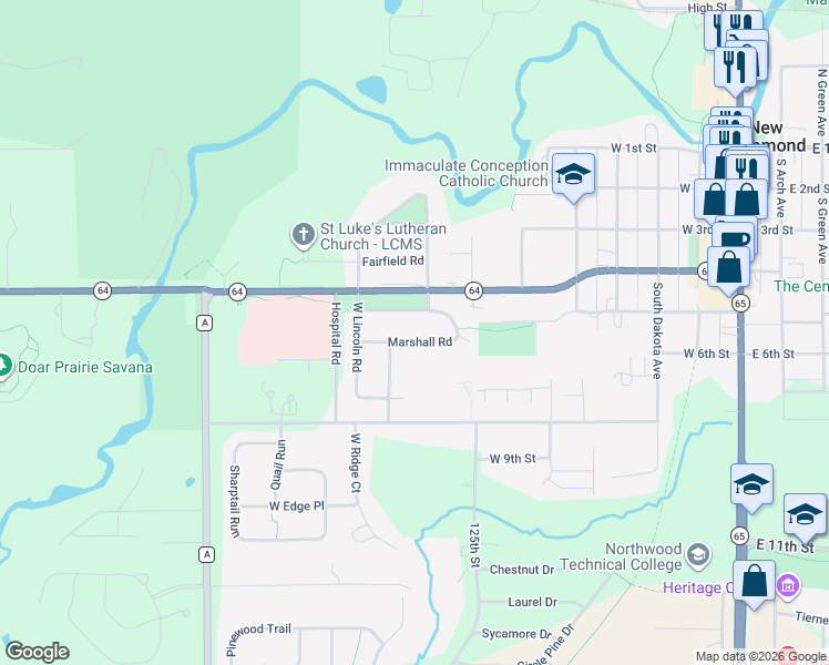 map of restaurants, bars, coffee shops, grocery stores, and more near 836 Marshall Road in New Richmond