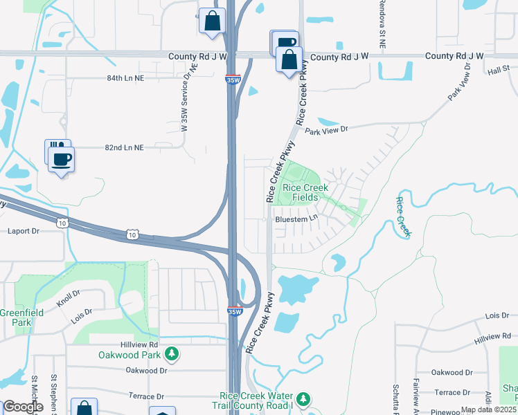map of restaurants, bars, coffee shops, grocery stores, and more near 1985 Bluestem Lane in Shoreview